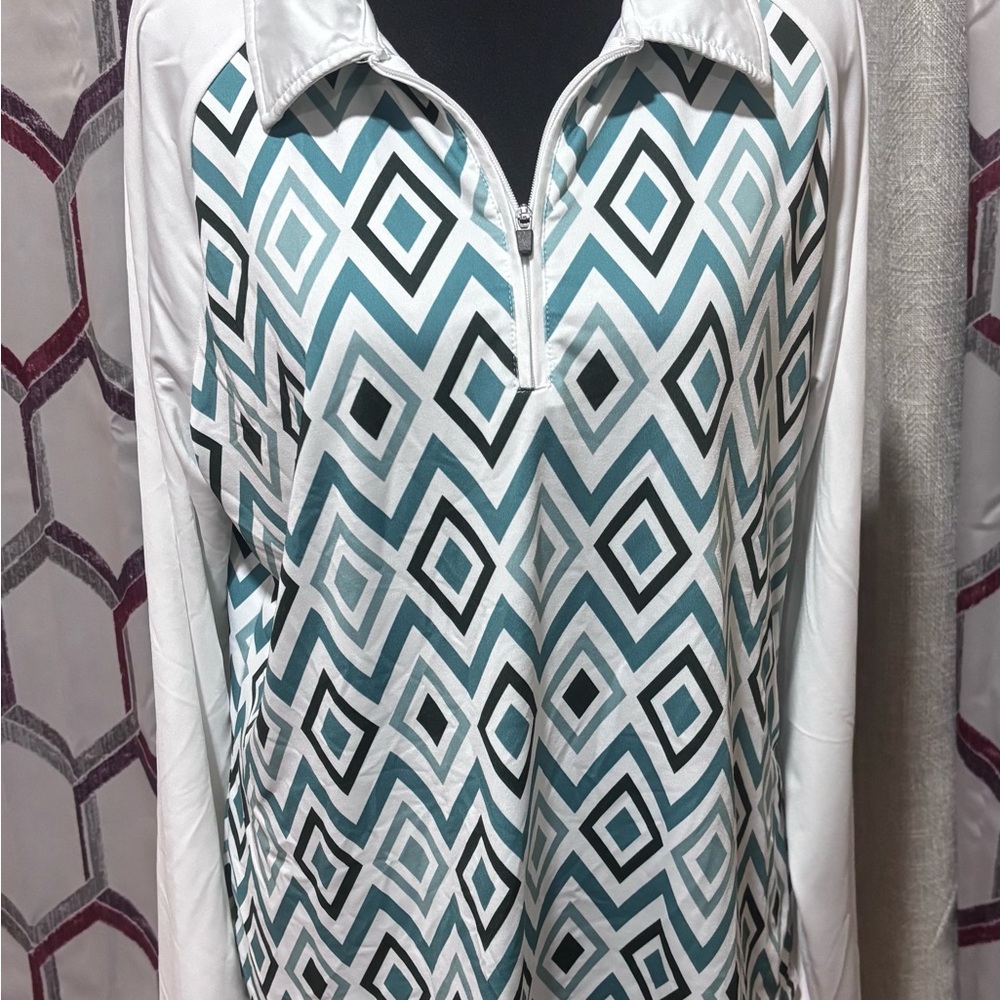 Chic Diamond Pattern Long Sleeve Top - White and Teal